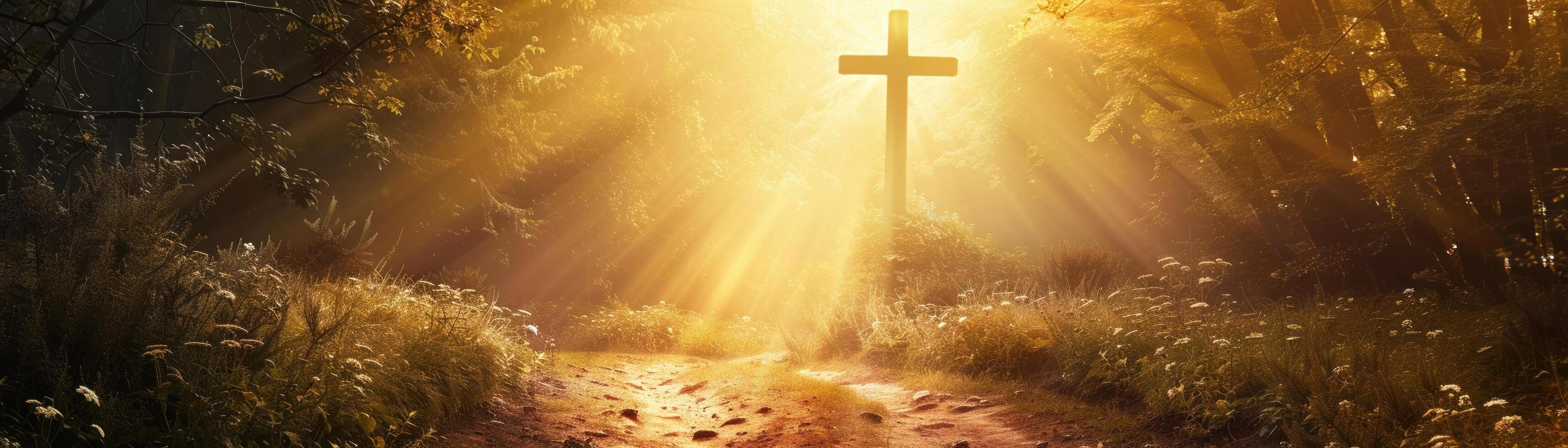 A cross is in the middle of a dirt road photo