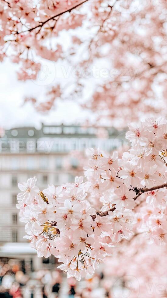 A beautiful pink cherry blossom tree in front of a building photo