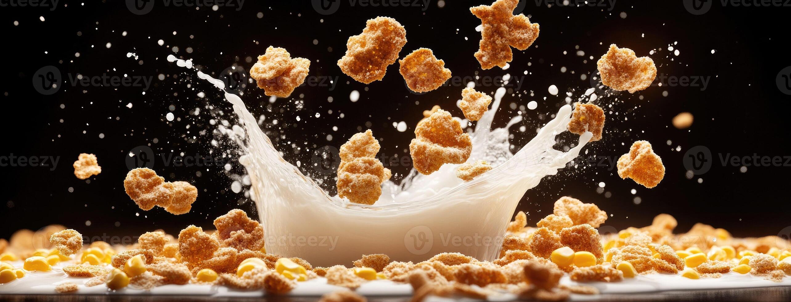 A splash of milk is falling on a bowl of cereal photo