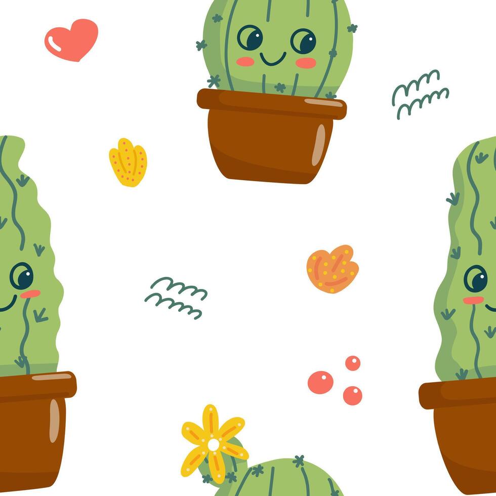 pattern with cute hand-drawn cactuses vector
