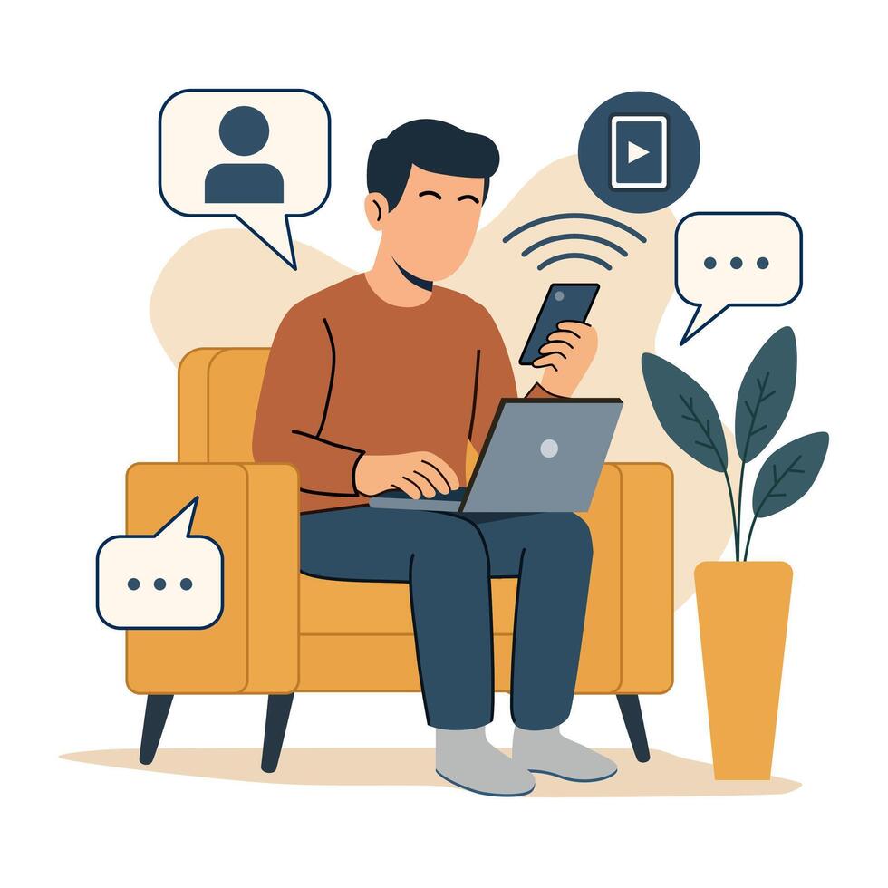Man Working Remotely with Laptop and Smartphone at Home vector