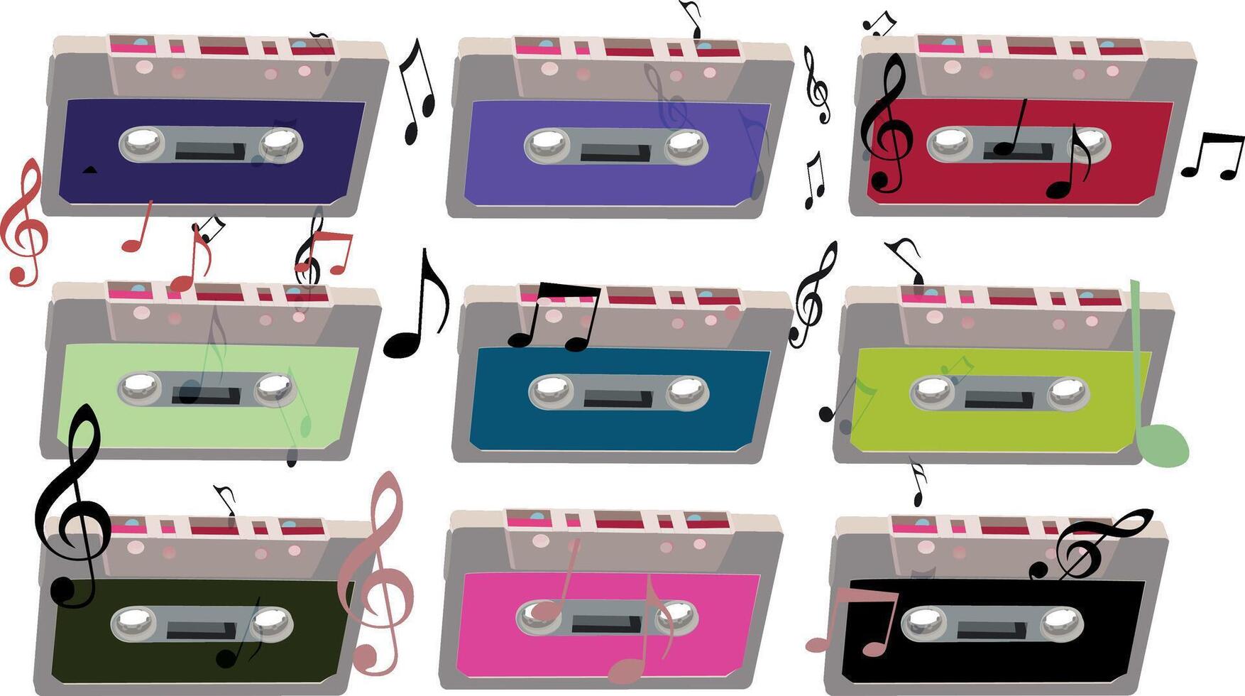 A set of colorful cassette tapes with musical notes vector