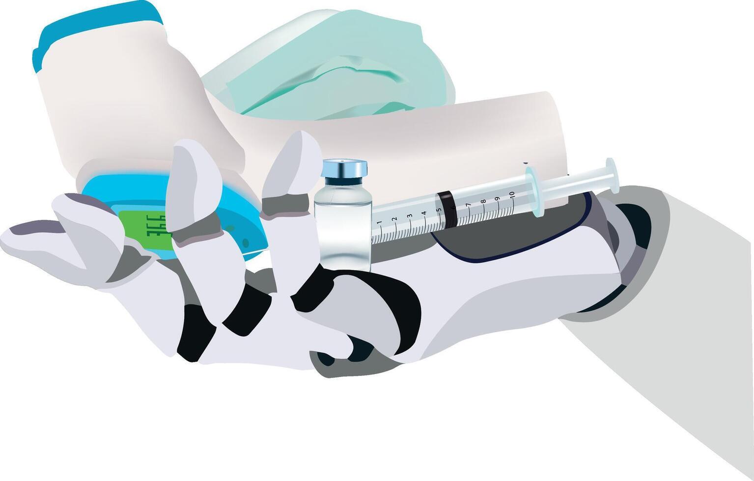 A robot hand holding a syringe and a bottle vector