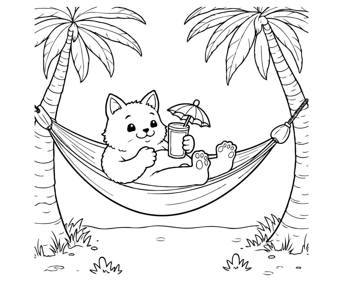 Chubby Cat Relaxing on Hammock with Drink , Summer coloring page vector