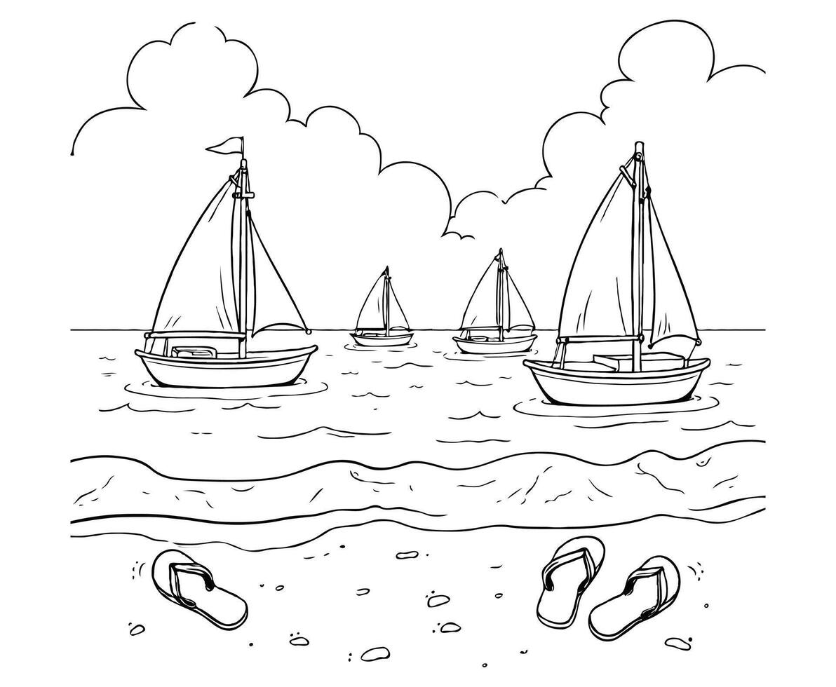 Cheerful Beach Scene with Sailboats , Summer coloring page vector