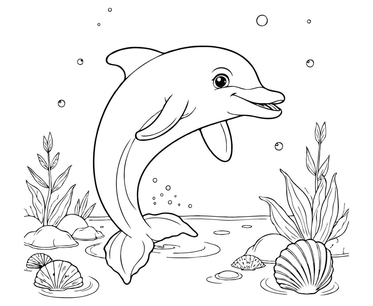 Happy Dolphin Jumping with Fish coloring page vector