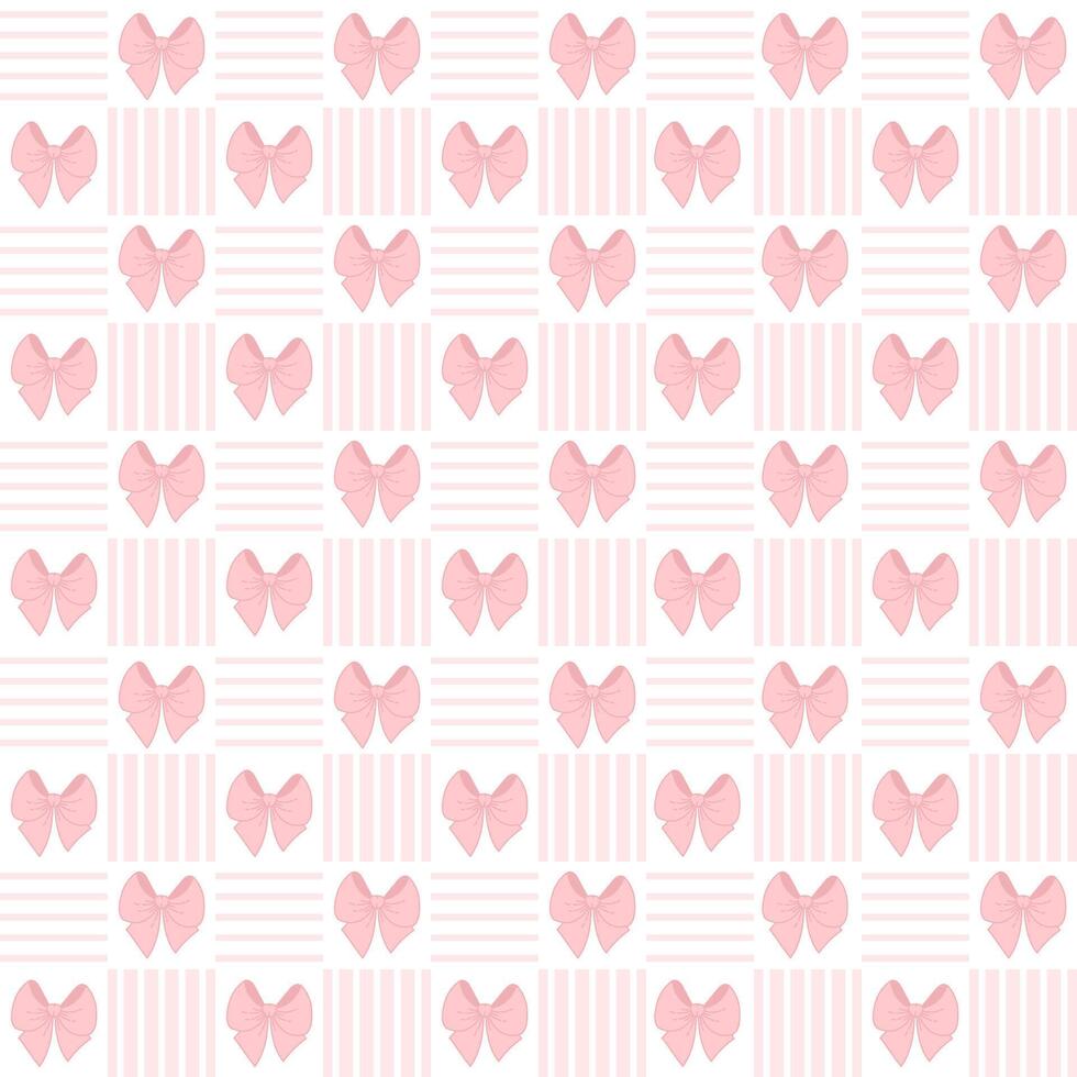 Vintage Coquette aesthetic pink ribbon bow in frame seamless pattern. Trendy flirty patterned backdrop template. illustration. Tartan check for textile, wallpaper, romantic design and decor vector