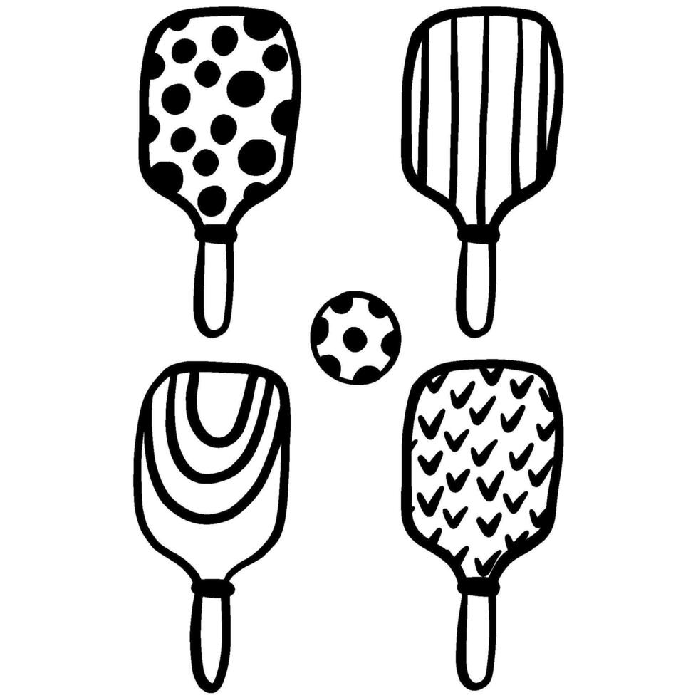 Ink hand draw Pickleball Racket and Ball illustrations. Pickleball doodle items.Concept of sport, activities, hobbies, leisure, healthy lifestyle. vector