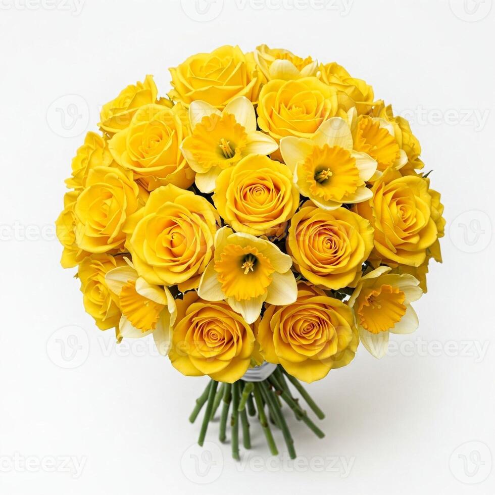 A bouquet of yellow roses and daffodils photo