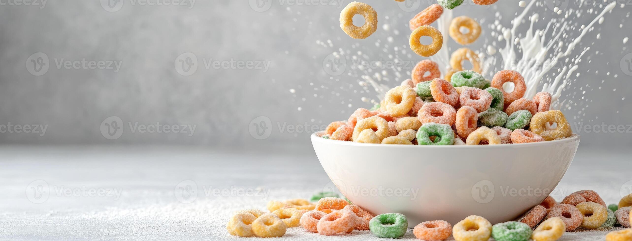 Cereal cereal with sprinkles falling into a bowl photo