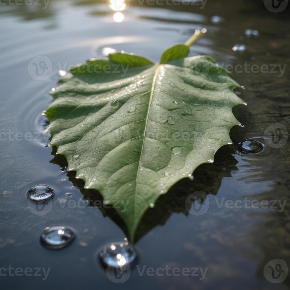 A leaf floating in water with bubbles photo