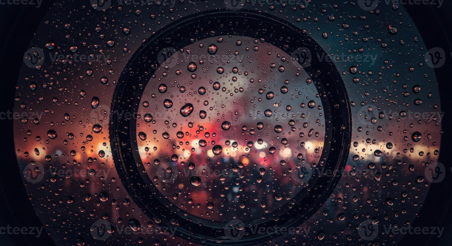 Rain Drops on Window with City Lights at Night Peeking Through photo