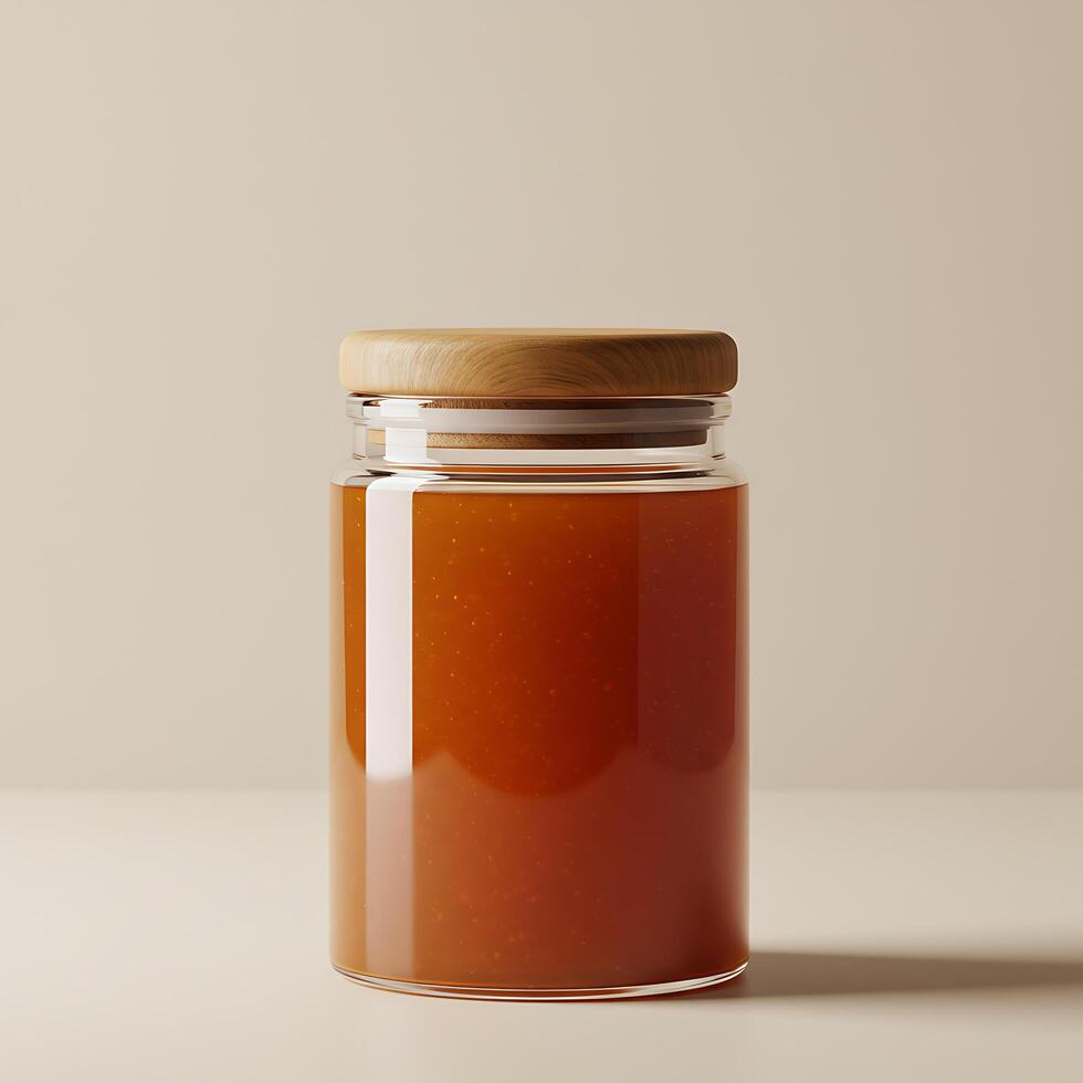 A jar of honey on a table with a wooden lid photo