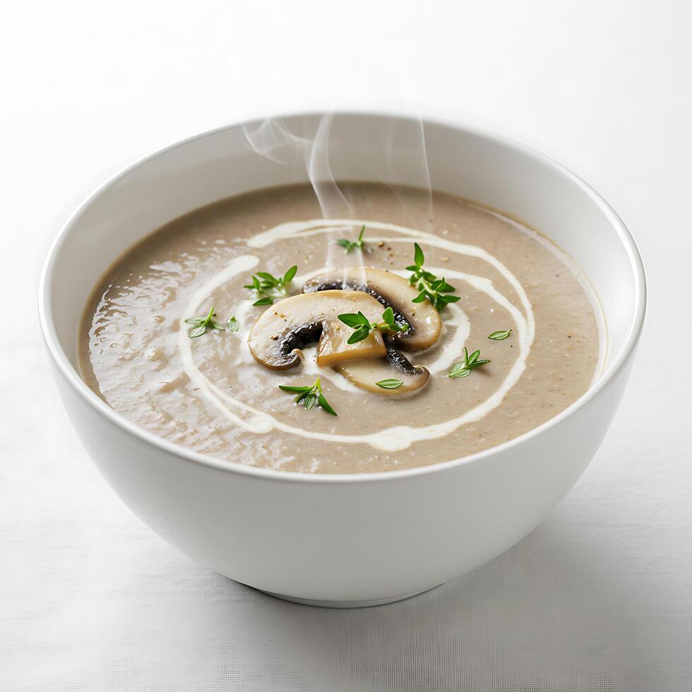 A bowl of soup with mushrooms and herbs photo