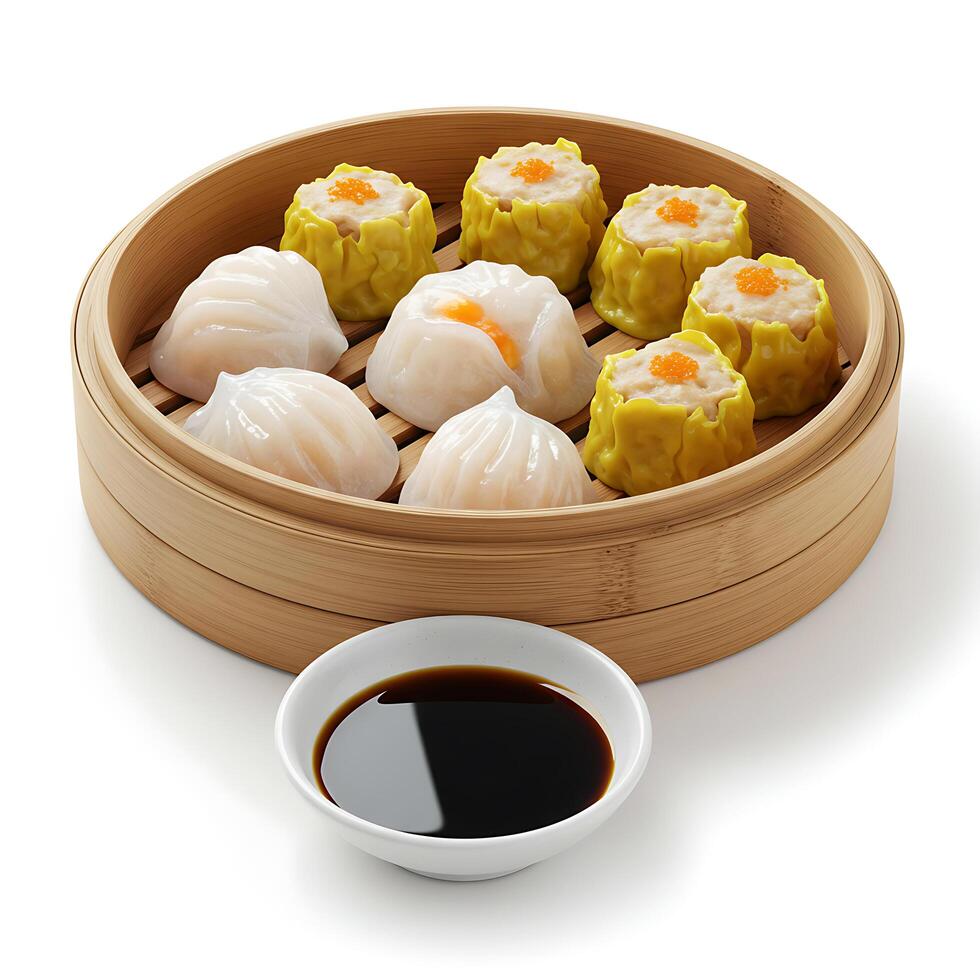 An asian dumpling in a bamboo container with dipping sauce photo