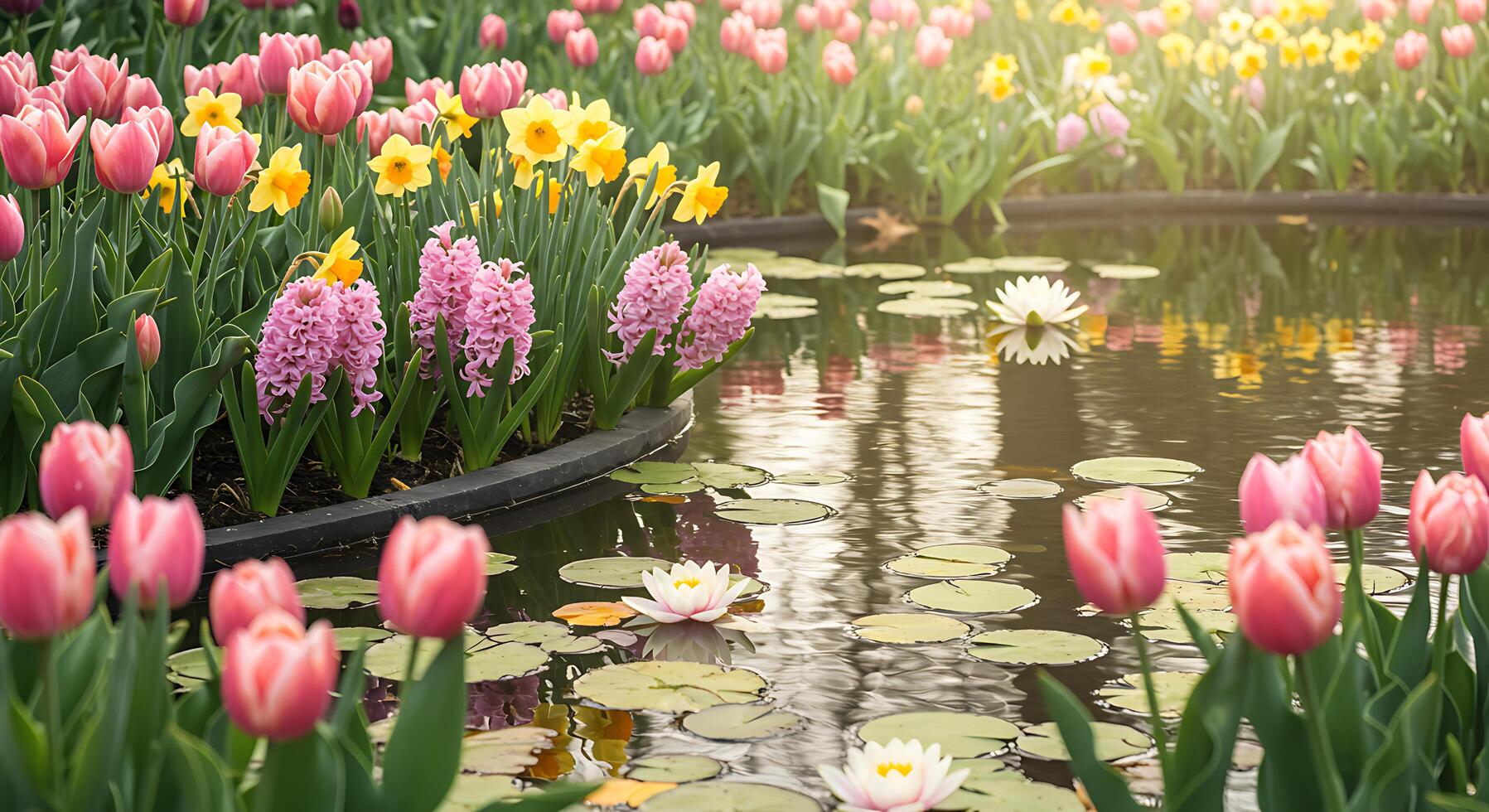 A pond with many tulips and lilies in it photo