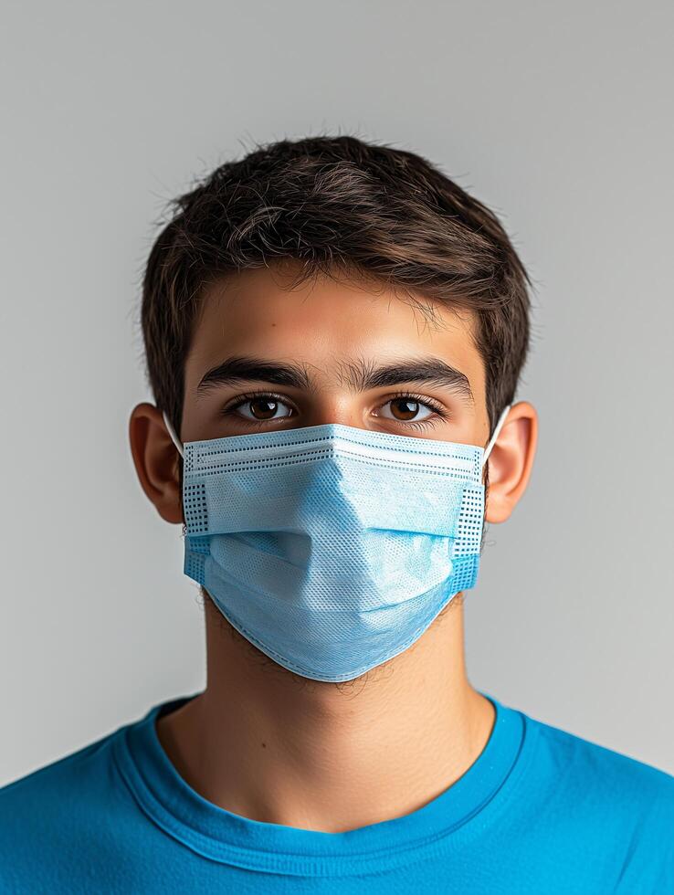 Man wear face mask isolated on grey background photo