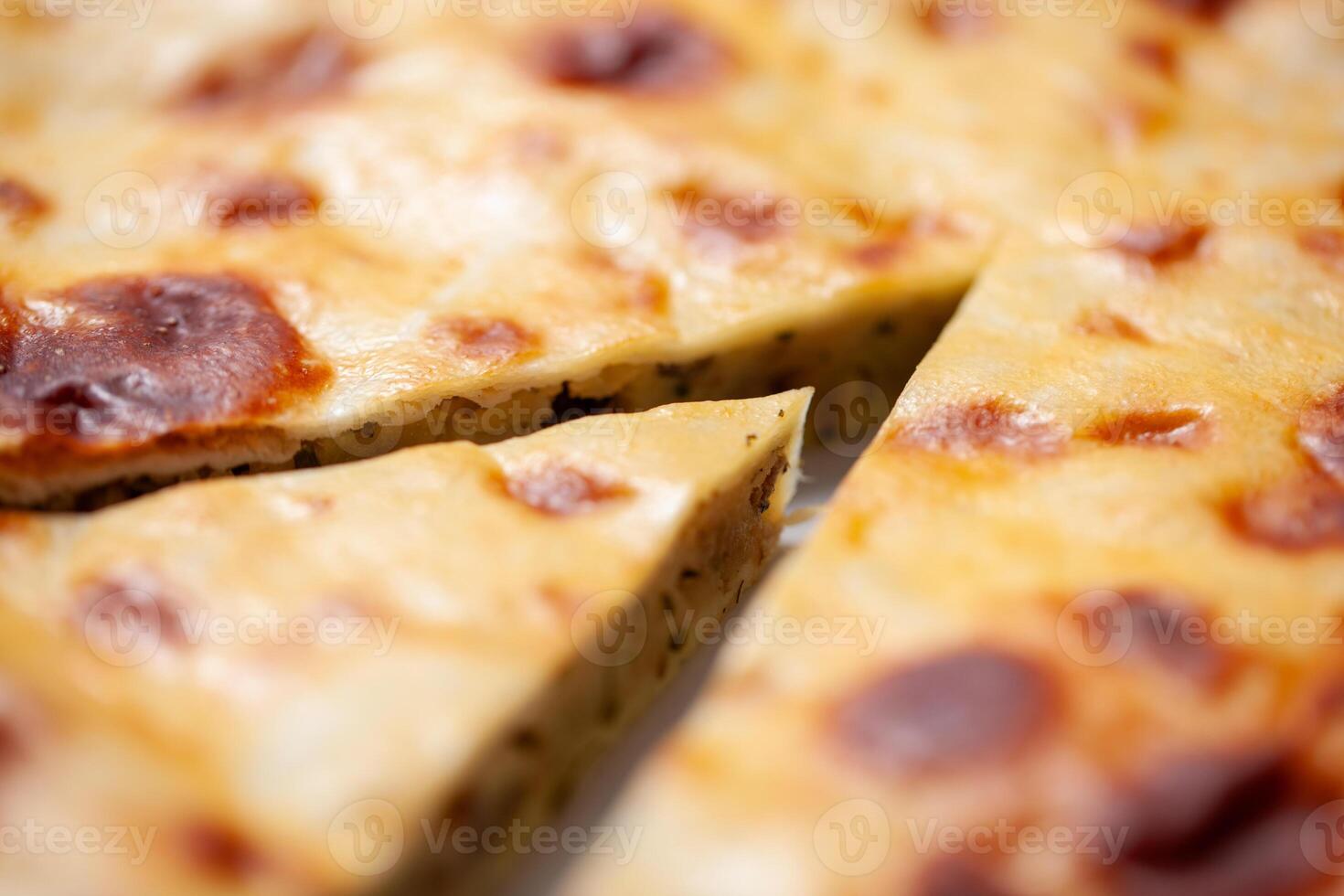 Close up of a pie from Russian cuisine with a golden crust and visible filling of herbs and cheese photo
