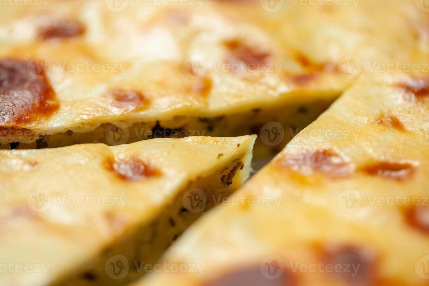 Close-up of a sliced traditional Russian pie with a golden brown crust highlighting its rich texture and filling photo