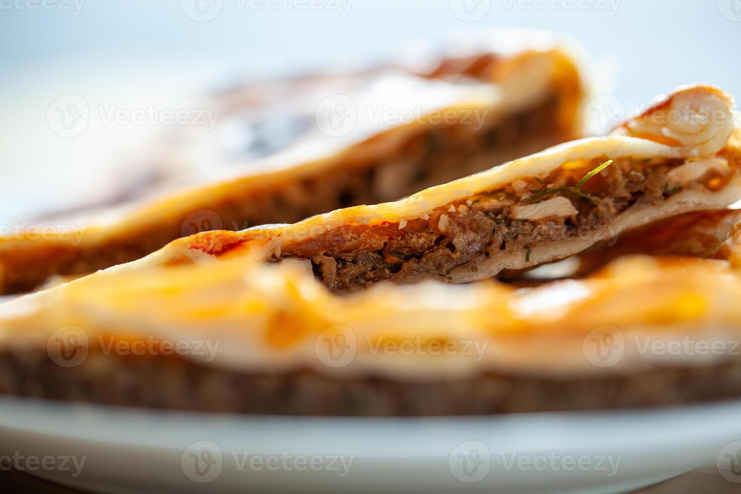 Closeup view of traditional Russian pies with savory filling arranged on a plate in natural light photo