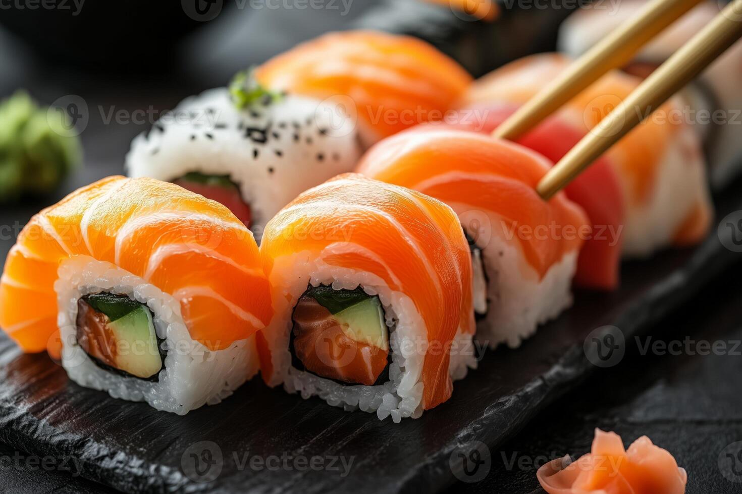 Chopsticks Holding Salmon Uramaki in a Sushi Selection photo