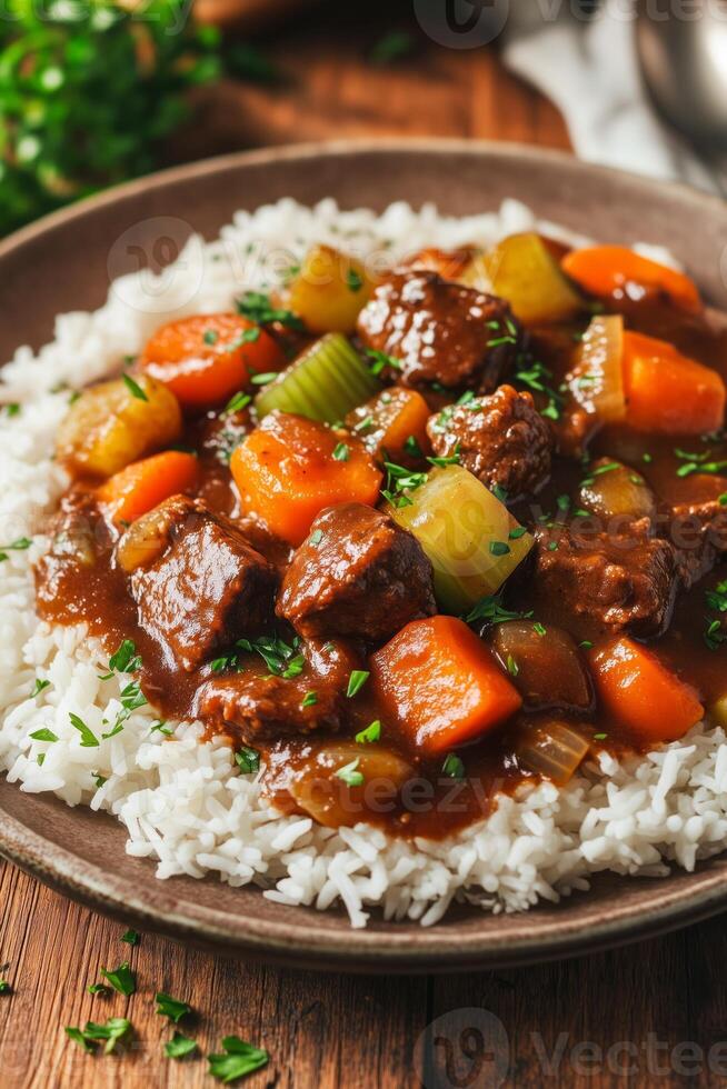 Classic beef stew with vegetables served on white rice photo