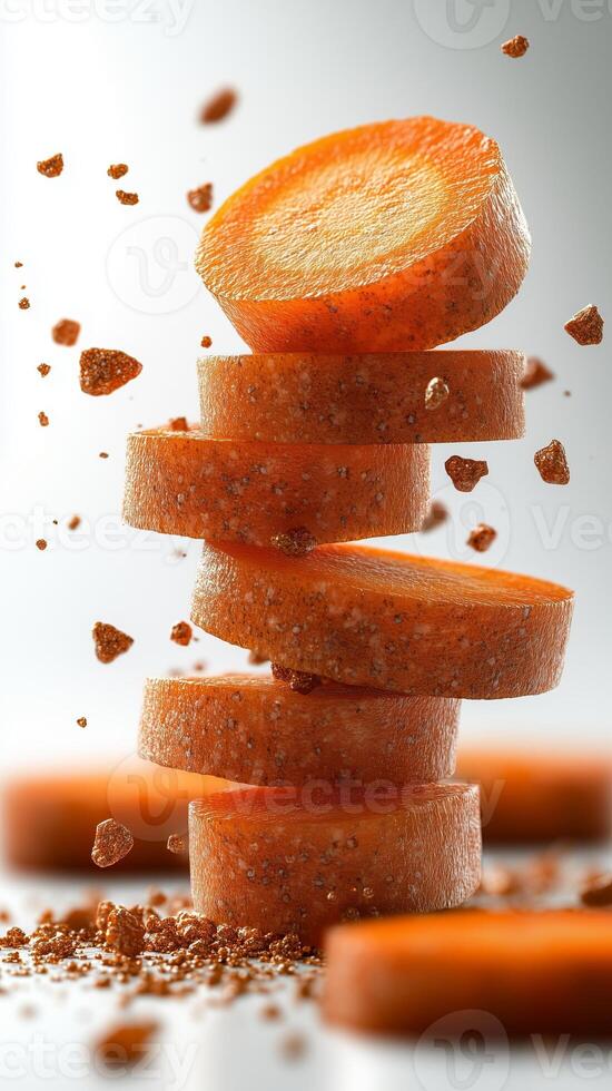 Sliced carrots balancing and flying with bronze sprinkles on white background photo