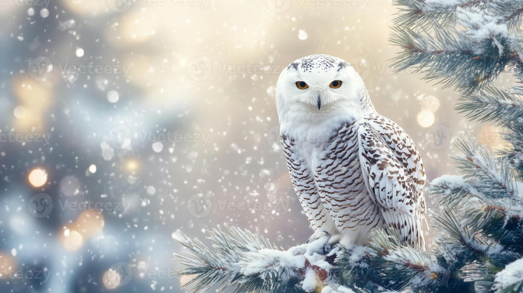 Majestic snowy owl perched on snowy pine tree branch during snowfall photo