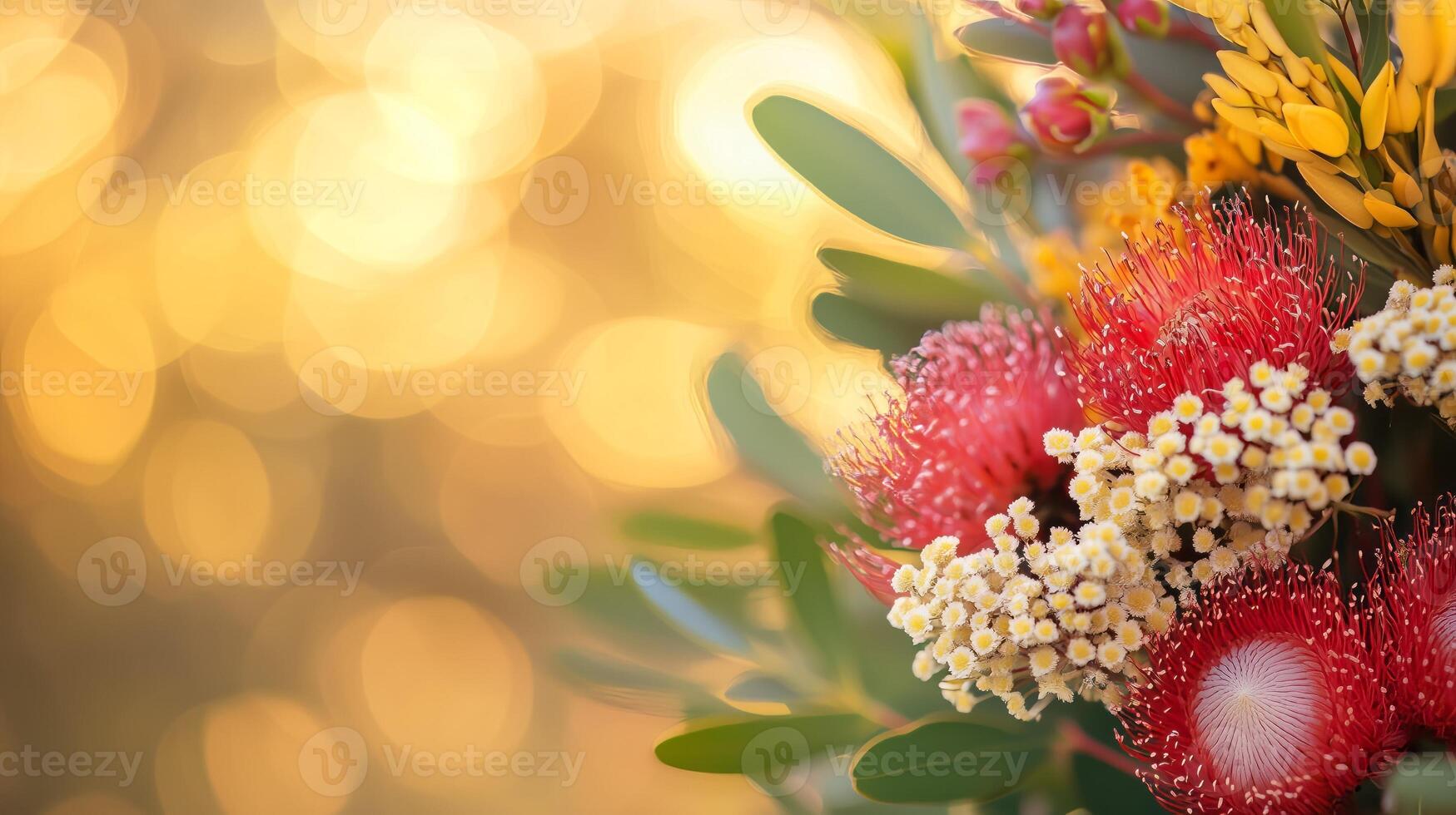 Vibrant Australian Native Flowers Blooming in Springtime with Golden Bokeh Background photo