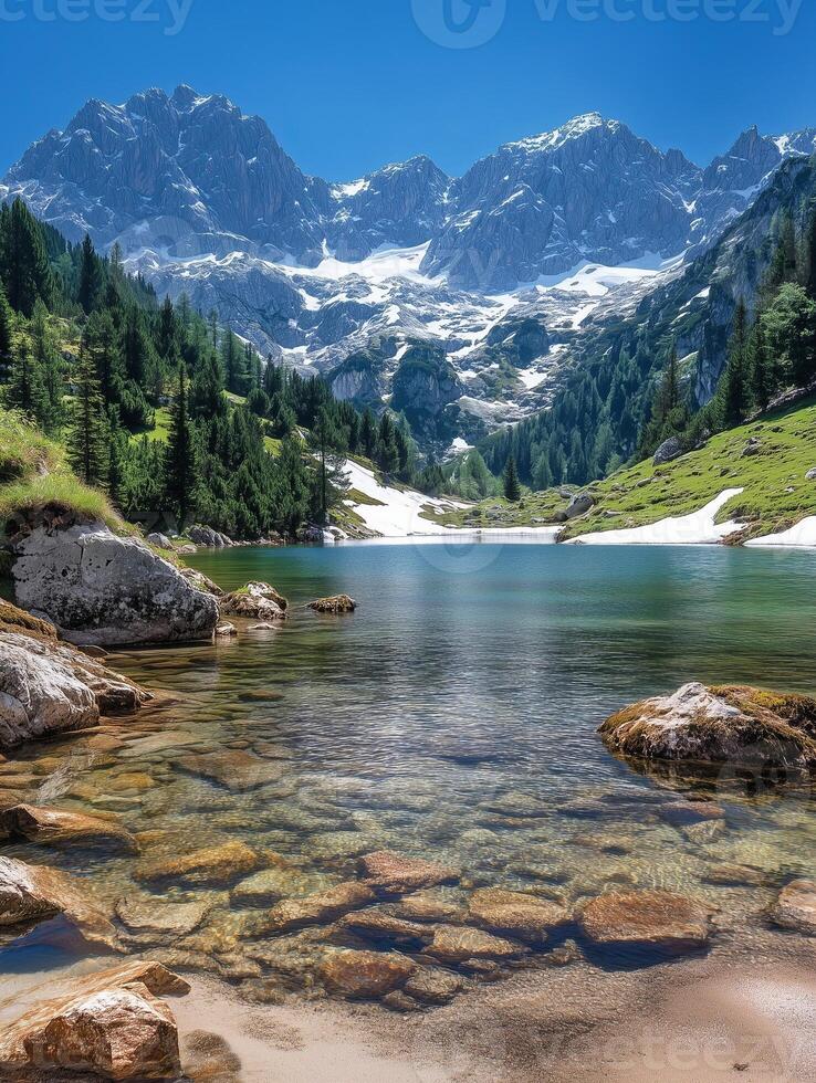 Pristine alpine lake reflecting majestic snow-capped mountains in the Dolomites photo