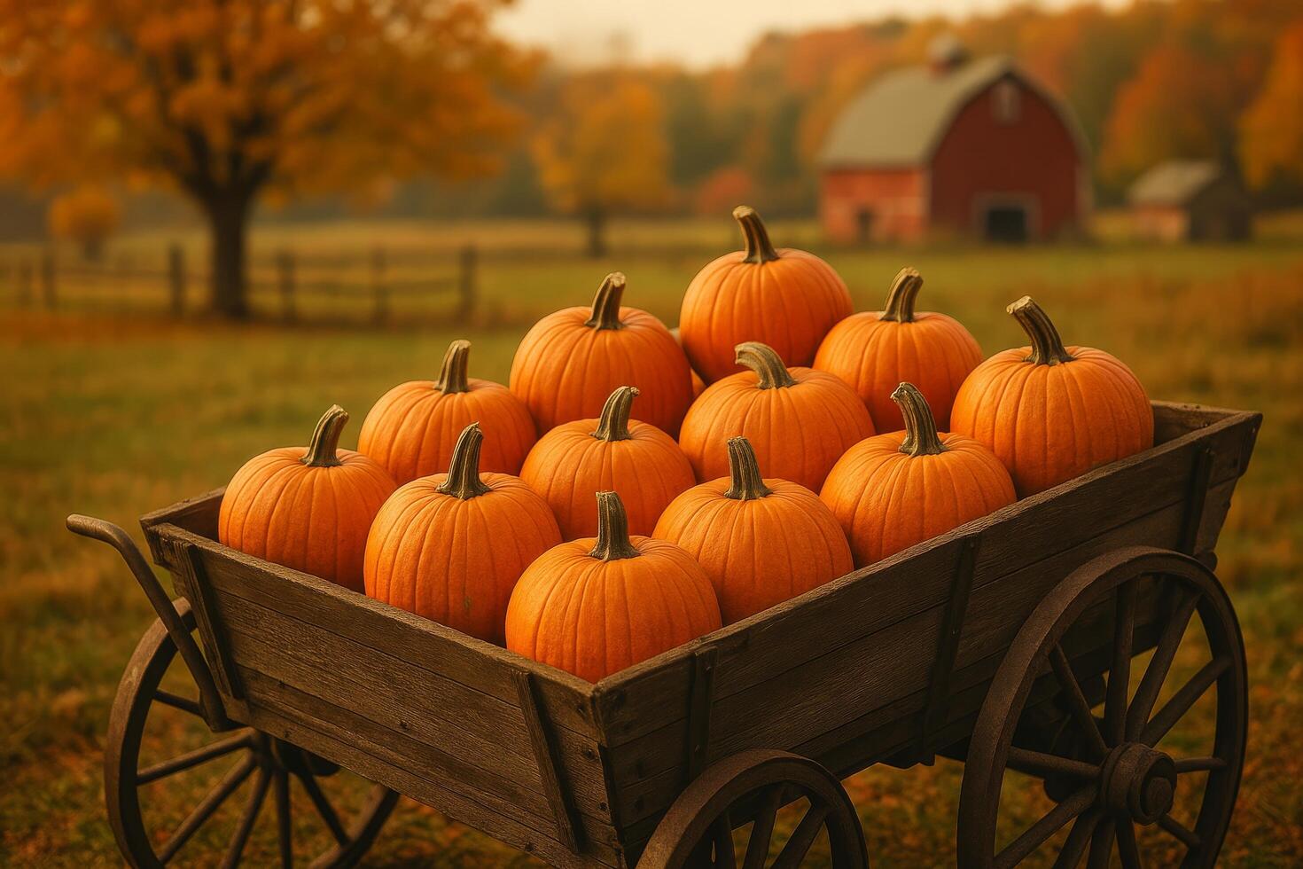 A wagon full of pumpkins sits in front of a barn photo
