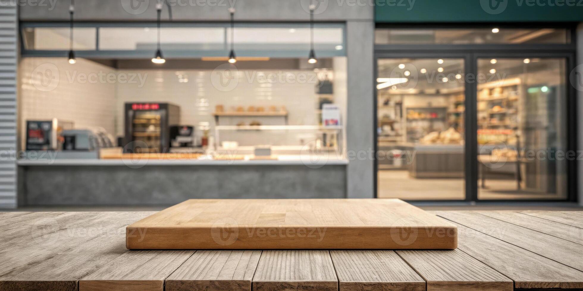 wooden platform in front of modern cafe interior with blurred background, creating warm and inviting atmosphere photo