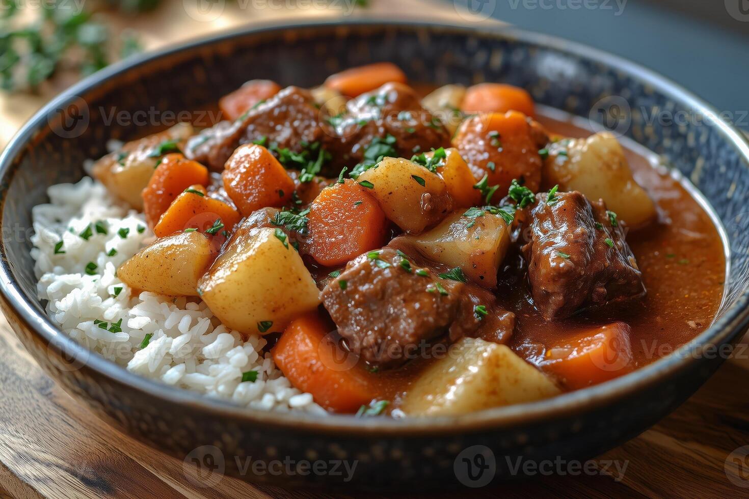 Delicious classic beef stew with carrots and potatoes served with rice photo