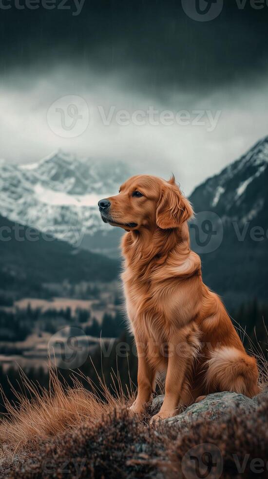 Golden retriever sitting on a rock enjoying mountain view photo
