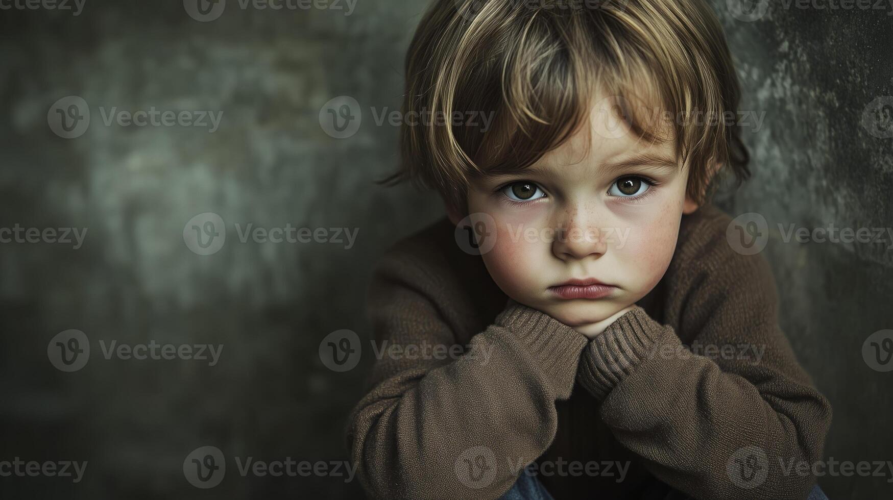 Sad child resting head on hands looking pensive and depressed photo