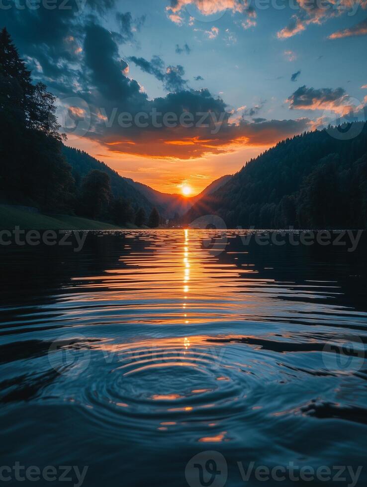 Sunset reflecting on a lake surrounded by mountains with concentric ripples in the water photo