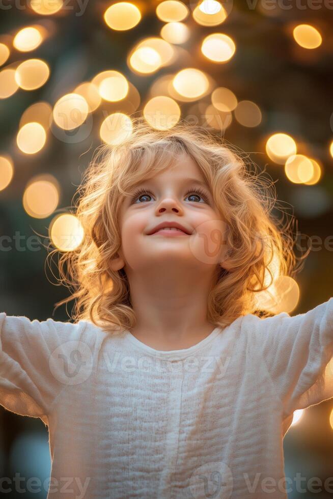 Happy child looking up at christmas lights with open arms photo