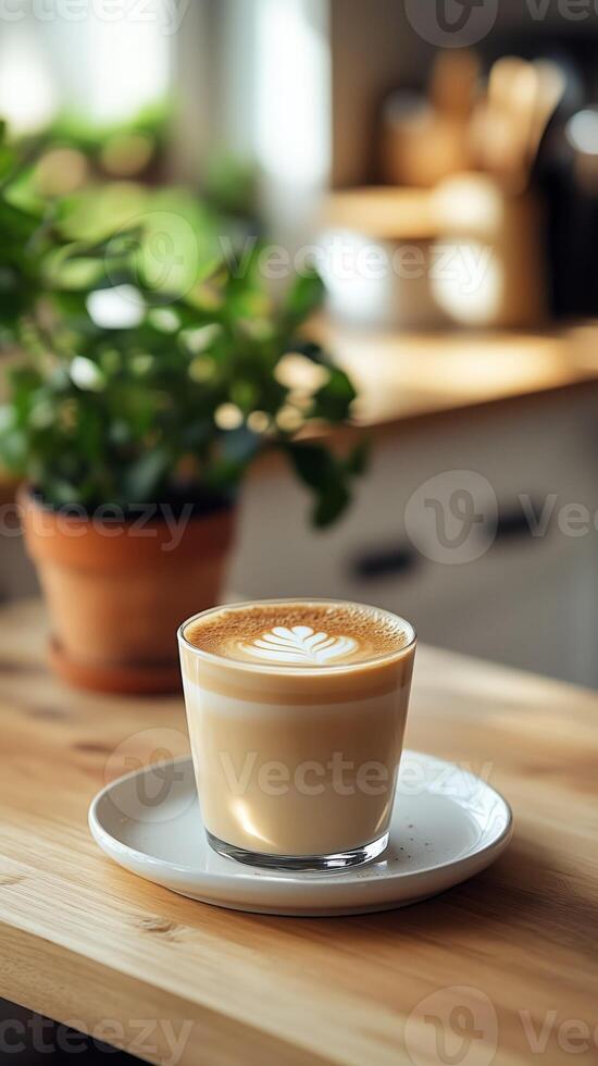 Latte art coffee resting on wooden table in modern kitchen photo