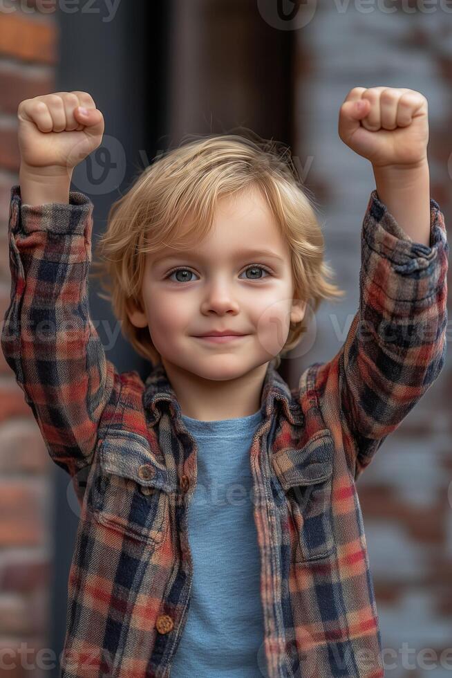 Portrait of happy child raising fists in the air celebrating victory photo