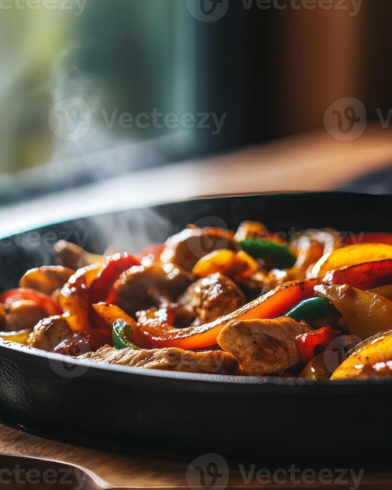 Steaming chicken fajitas with bell peppers in a cast iron skillet photo