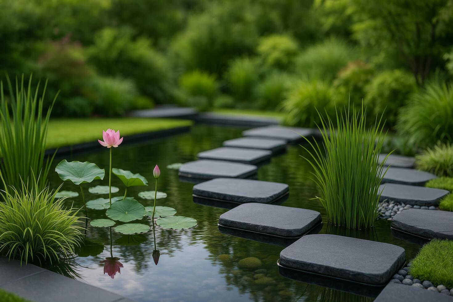 A pond with stepping stones and a lotus flower photo