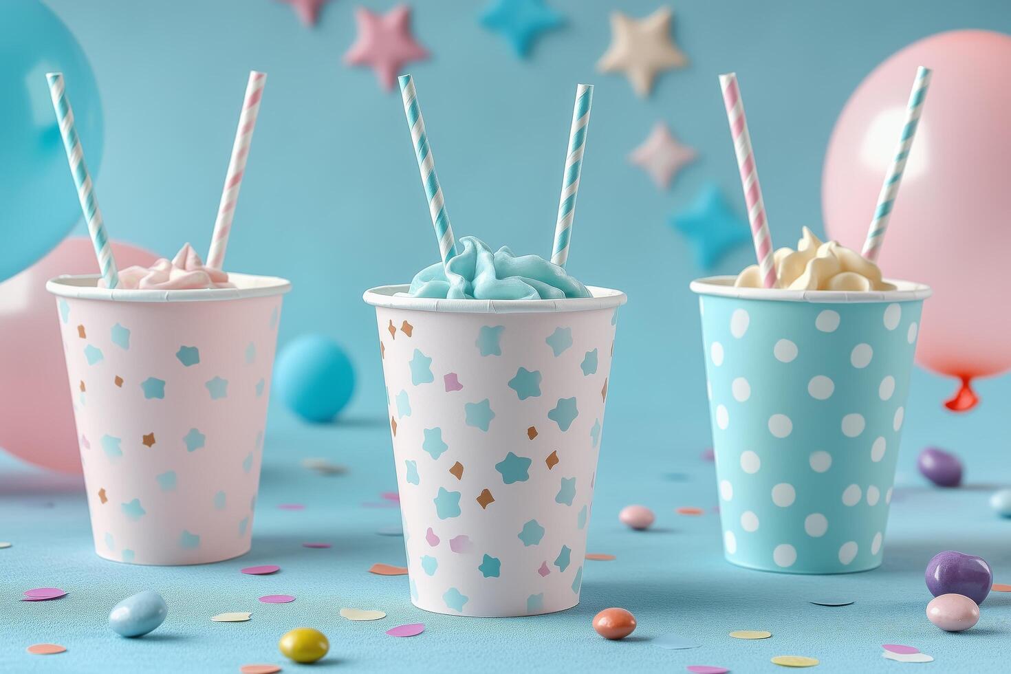 Three paper cups with colorful polka dots and straws photo