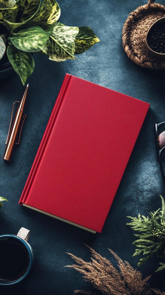 Red notebook, pen, coffee, plant, and other objects on a dark table photo