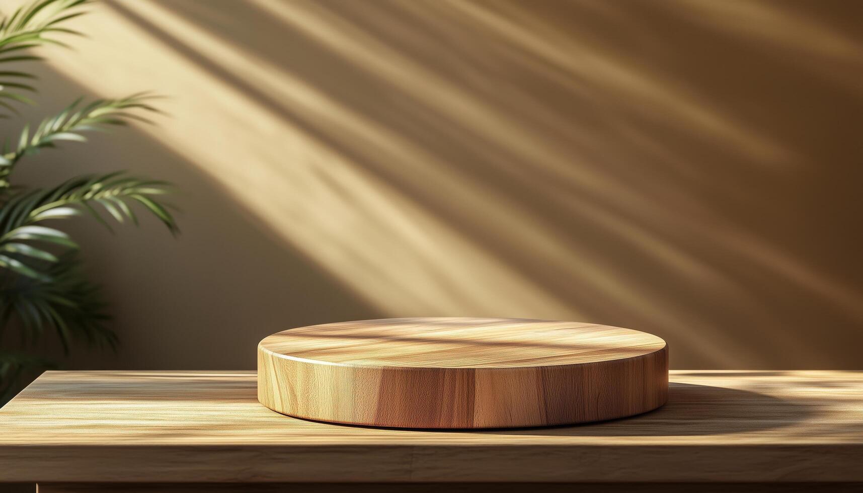 A wooden round table on a wooden table with a plant photo