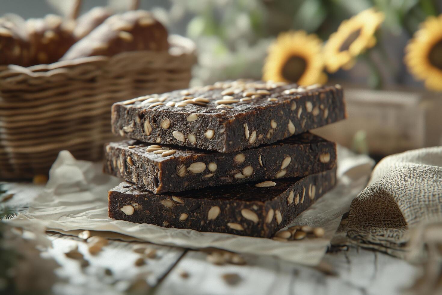 A stack of brownies with sunflowers on a table photo