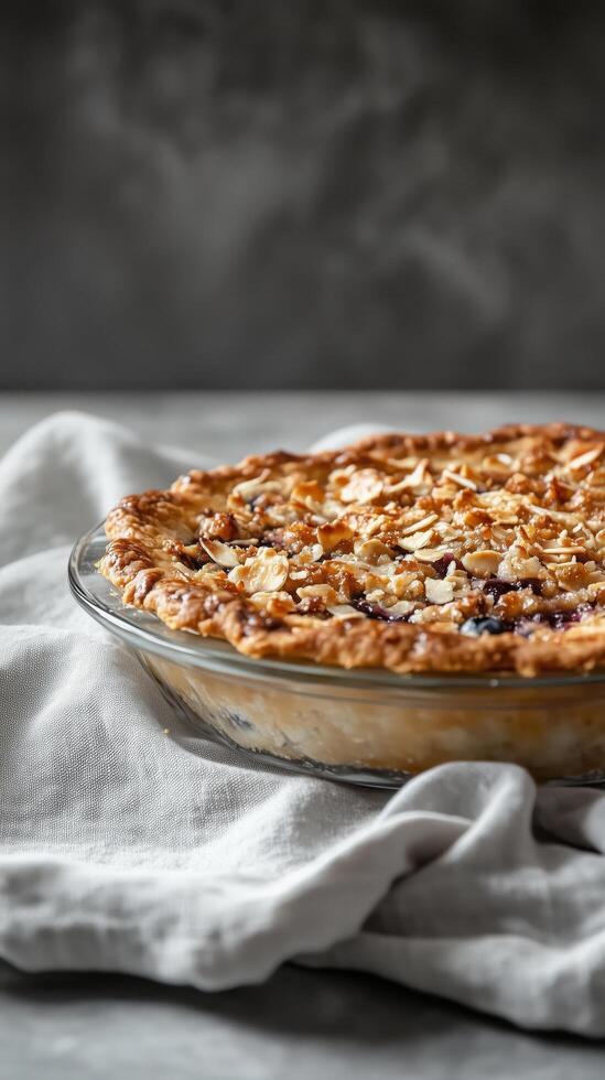 A pie with a crust on top on a table photo