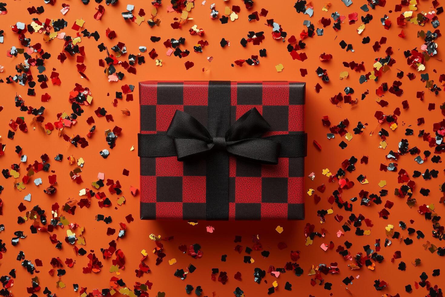 A red and black gift wrapped in a checkered pattern photo