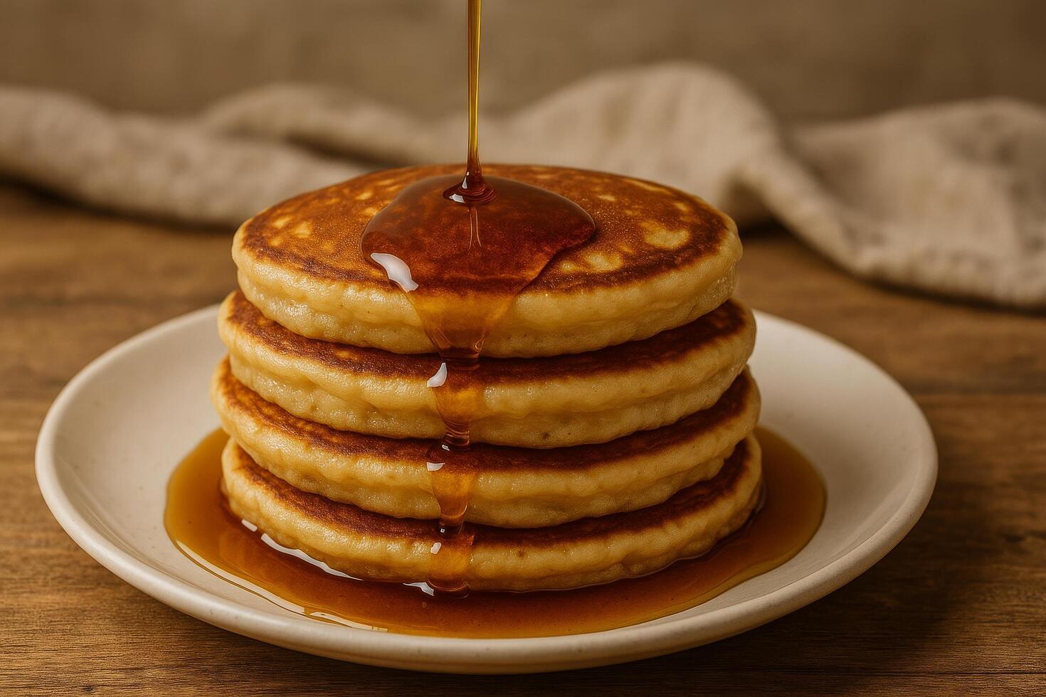 A stack of pancakes with syrup being poured over them photo
