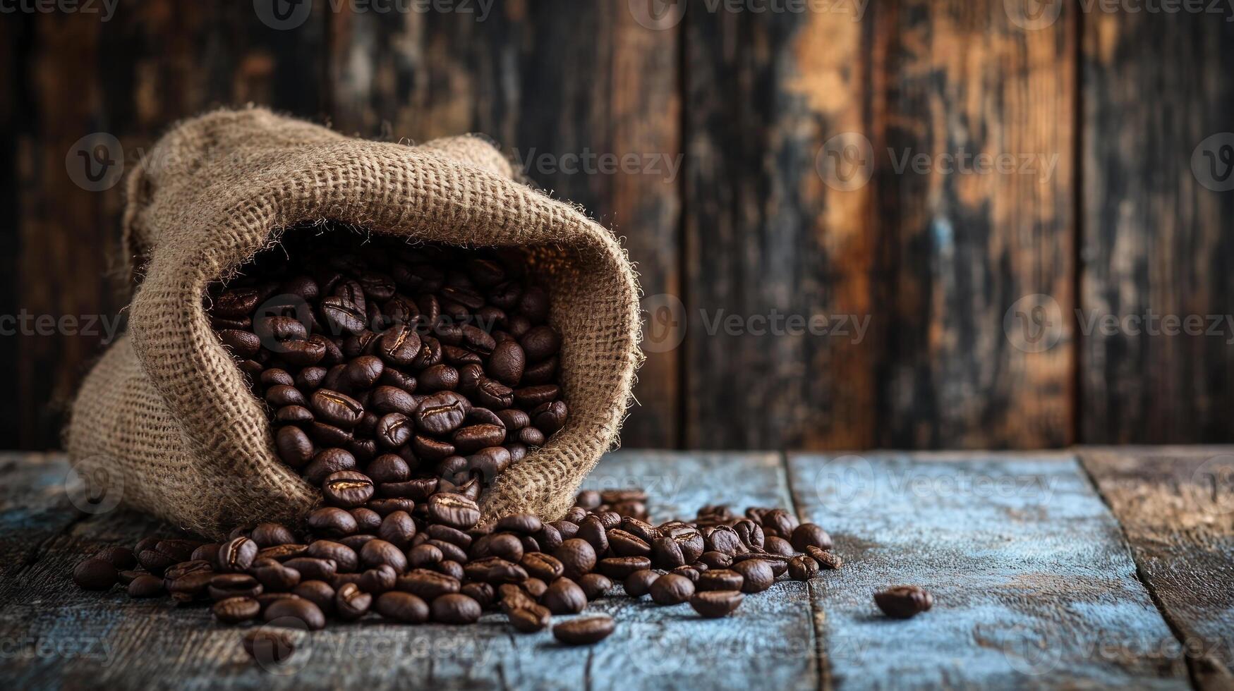 Coffee Beans Spilling From Burlap Sack on Rustic Wooden Table photo