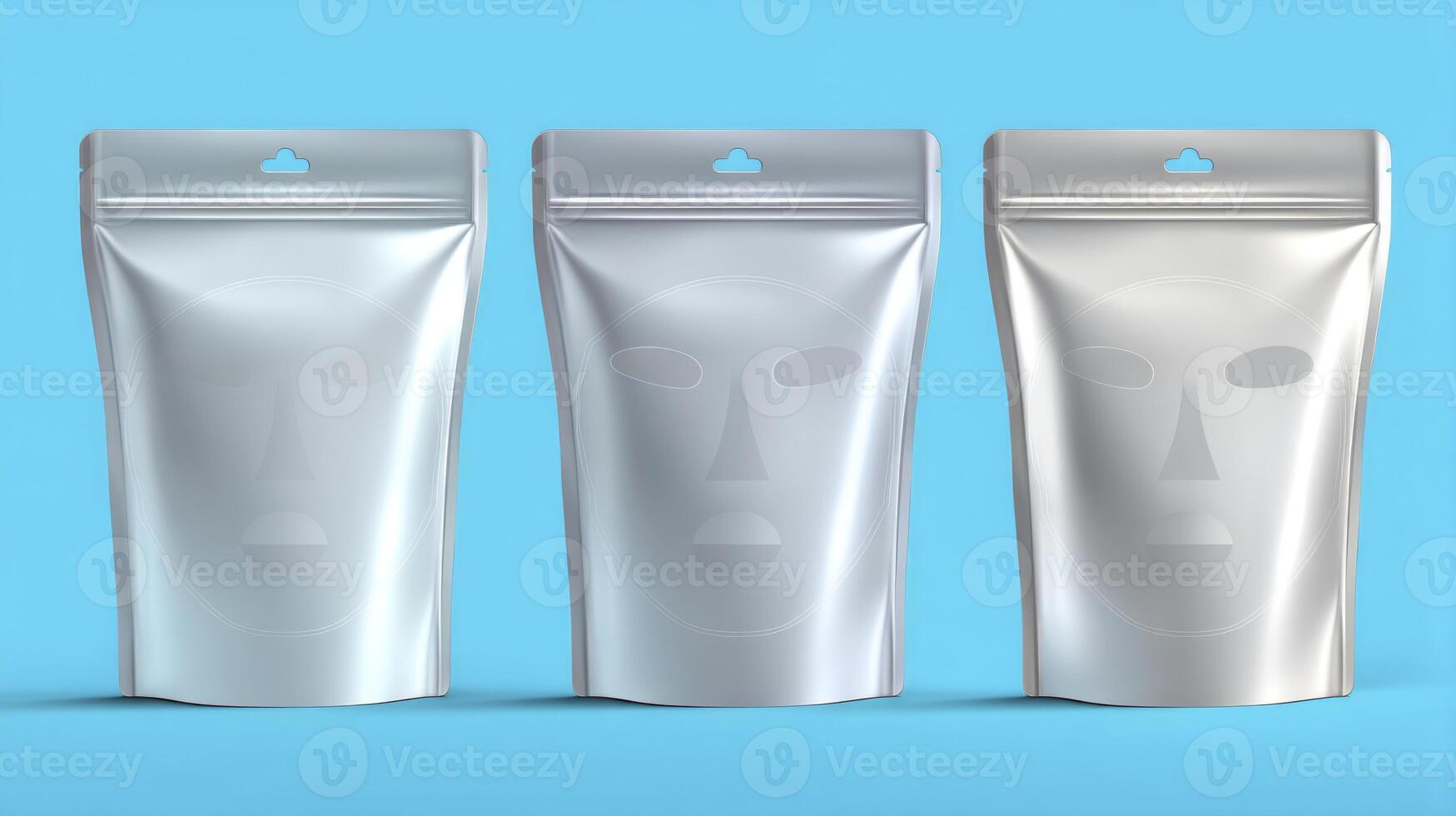Silver Cosmetic Mask Pouches Displayed on Blue Background for Product Mockup photo